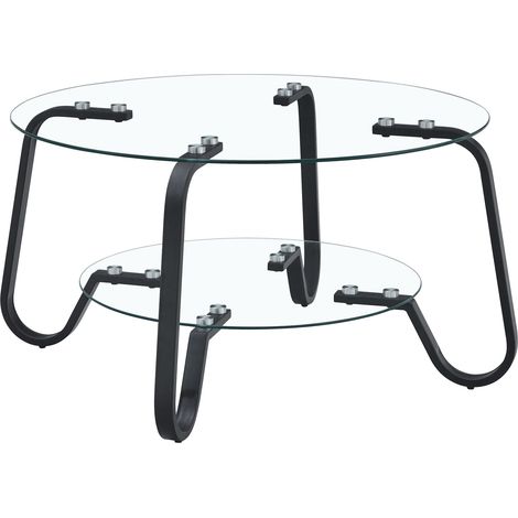 Mesa de centro redonda de 2 niveles con cristal templado y estructura metálica negra 80x45 cm HOMVRA (1/5)