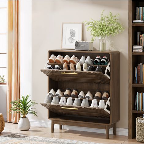 Scarpiera 80 cm con 2 ante a ribalta, vano aperto, MDF e piedini in legno, colore noce (1/5)