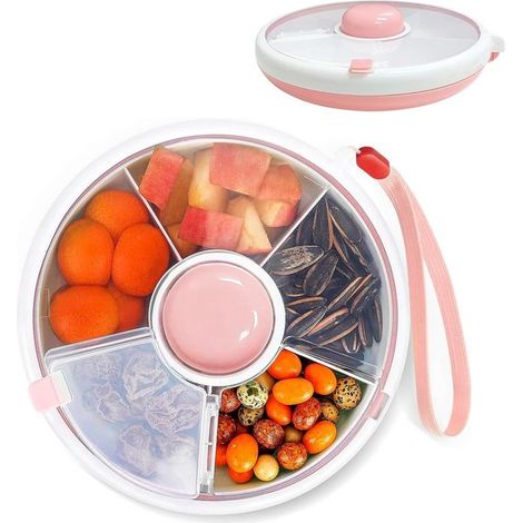 Vassoio girevole rosa riutilizzabile per snack con coperchio - Organizer portatile multi-scomparto per frutta e caramelle