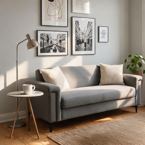 Canapé 2 places scandinave en lin gris clair avec piètement métal (1/5)