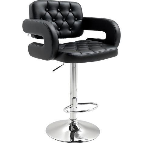 Tabouret de bar haut avec dossier et accoudoirs, pivotant, réglable en hauteur et avec repose-pieds, en similicuir noir. (1/5)