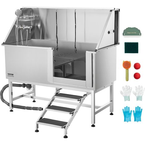 Baignoire de Chien Acier Inoxydable, Baignoire de Toilettage pour Animaux de Compagnie 150 cm Station de Lavage Chat, avec Escalier, Panneau Filtre à Eau, Robinet, Pommeau Douche, Porte Droite (1/5)