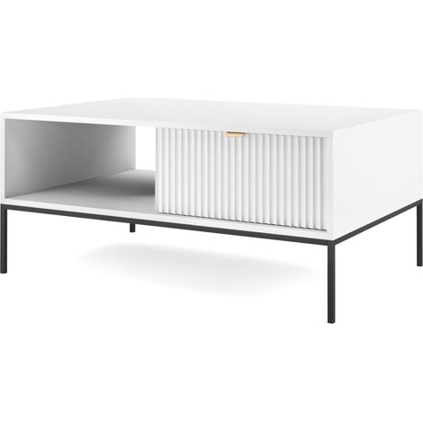 Table Basse NANAIMO - Blanc - Poignées dorées - Avec tiroir - Largeur 104 cm, Hauteur 48 cm, Profondeur 68 cm (1/5)