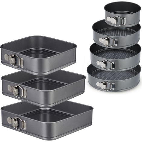 Relaxdays Set da 7 Teglie per Dolci, Rotonde e Quadrate, 18-28 cm, Acciaio Inox, Rivestimento Antiaderente, Antracite