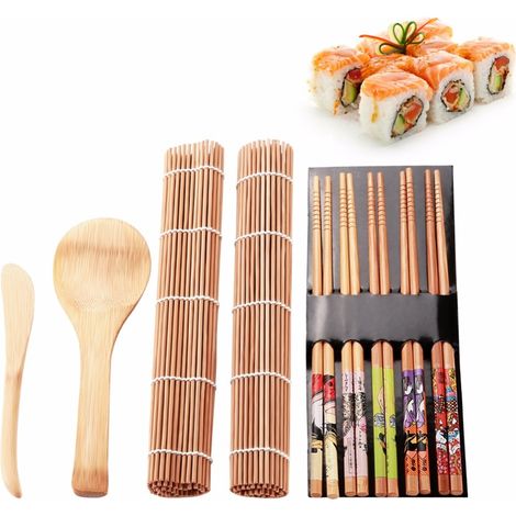 Set à sushi en bambou : natte roulante, couteau, cuillère et baguettes (1/5)