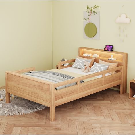 Kinder-Einzelbett 90 x 200 cm aus Kiefernholz mit LED, USB-C und Ablage (1/5)