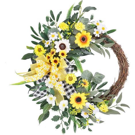 Künstlicher Sonnenblumenkranz aus Rattan, ideal zur Dekoration der Haustür. Außendurchmesser: 50 cm. (1/3)