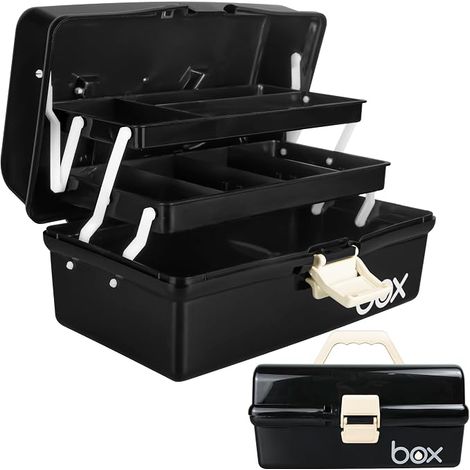 Creahaus Boîte à outils portable 30,5 cm Boîte de rangement multifonction à 3 niveaux/Boîtes de rangement pour loisirs créatifs avec compartiments/Boîte à outils en plastique noir/Boîte de rangement (1/5)
