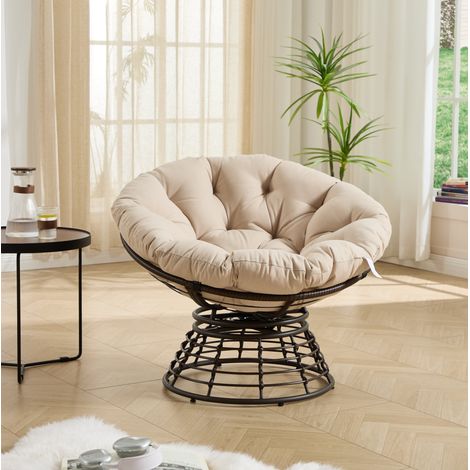 Chaise Papasan pivotante 360° en rotin, coussin épais beige, structure acier marron, 92 x 67 cm (1/5)