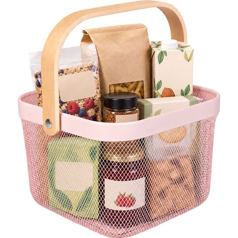 Relaxdays Storage Basket, with Handle, Clothes, Deco, Steel & Wood, Utensil Basket, Organiser, HBT: 17.5 x 26 x 24.5 cm (1/5)