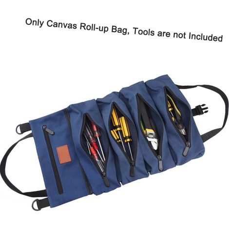 Sac à outils enroulable en toile, organisateur de pochette en rouleau polyvalent avec 5 poches zippées, sac de transport pour voiture, moto, rangement de clés, douilles, tournevis (1/5)