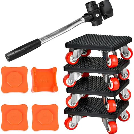 4 Pièces Deplace Meuble Ensemble, Roues Pivotantes à 360°, Capacité Charge de 500 kg, avec 4 Patins de Rehaussement et Tiges D'extension, au Transport de Marchandises Lourdes et de Meubles (Noir) (1/5)