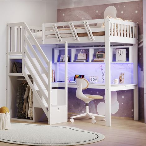Lit Mezzanine enfant-bureau intégré-armoire escalier-LED USB-bois massif blanc-205x143,5x170cm-Sans Matelas (1/5)