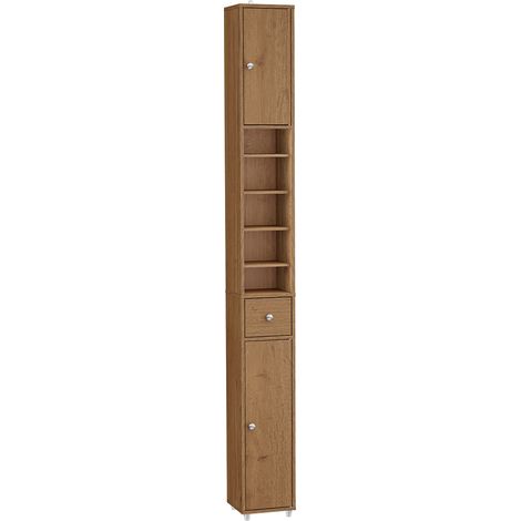SoBuy Mobile Bagno Stretta – Colonna Bagno Idrorepellente, Alto con Ripiani Regolabili e Cassetto – Armadietto Salvaspazio di Legno, Colore legno, 20x180x20cm, BZR34-II-PF