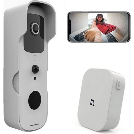Sonnette sans Fil avec Camera 1080P Extérieure Étanche Sonnette Connectée WiFi Visiophone avec Carillon Batterie Rechargeable Audio Bidirectionnel Vision Nocturne Détection de Mouvement Blanc (1/4)