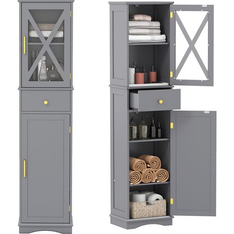 COSTWAY Freestanding Narrow Storage Cupboard Bathroom Tall Cabinet-Grey (1/5)