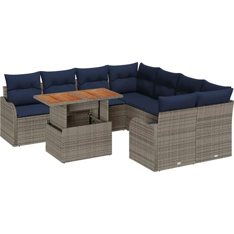 Garden Sofa Set 9 pcs 8-Seater Grey and Navy Blue Poly Rattan vidaXL (1/5)