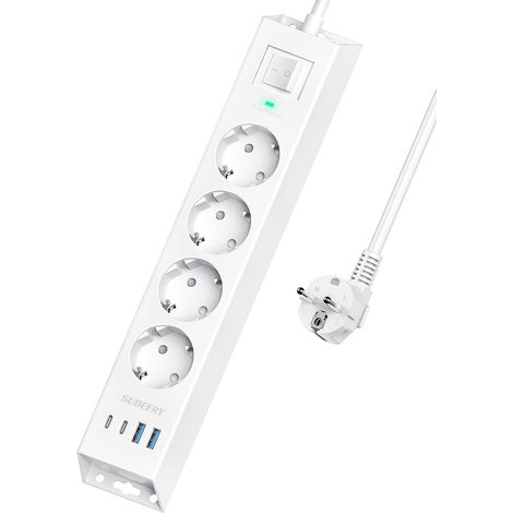 Multiprise 4 prises avec USB C, 8 en 1, montage mural avec interrupteur et câble de 2 m, multiprise avec parasurtenseur pour bureau, cuisine (blanc) (1/5)