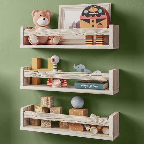 Lot De 3 Étagères Murales en Bois, Bibliothèque Montessori Rangement Tablette Livre pour Chambre et Décoration Enfant. 41 cm, Blanc Rustique (1/5)
