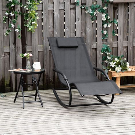Chaise longue à bascule rocking chair ergonomique avec tétière accoudoirs métal galvanisé textilène dim. 63l x 160P x 88H cm noir
