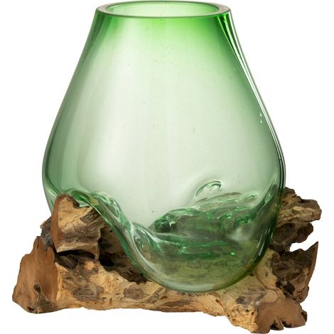 Vase sur pied en verre vert et bois design naturel - Vert transparent et bois naturel (1/3)