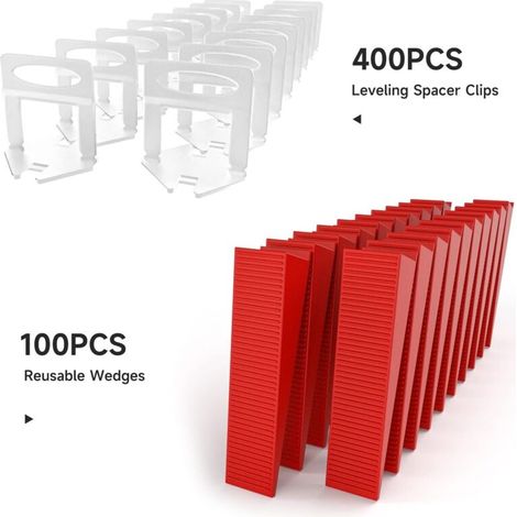 Fliesenverlegehilfe-Set, 400 Klammern, 100 wiederverwendbare Keile zum Verlegen von Fliesen mit einer Dicke von 3–12 mm