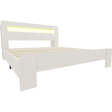 Cadre de lit en bois massif avec rangement intégré en tête, éclairage LED, prises électriques, lit plateforme moderne blanc 180x200 cm (1/5)
