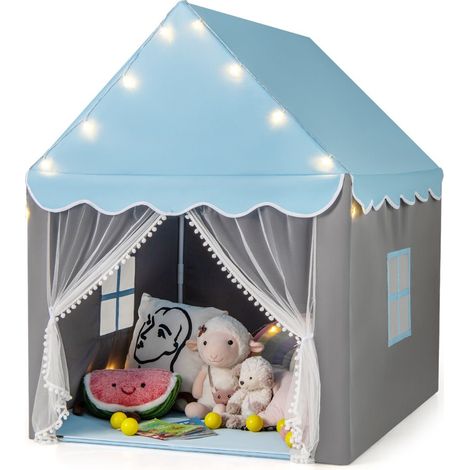 Tente de jeux enfant 105 x 121 x 136 cm spacieuse avec lumière étoilée ambiance cosy en polyester-coton bleu
