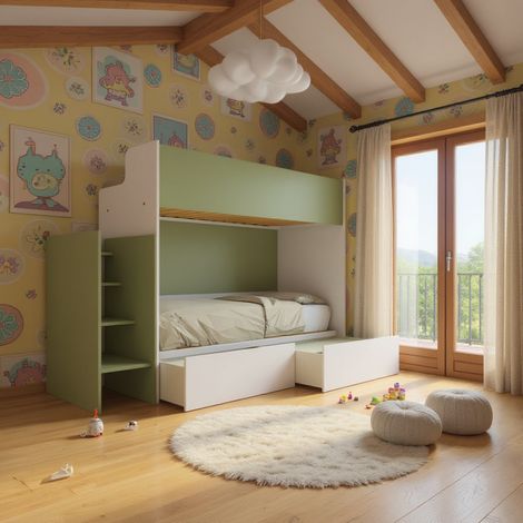 Letto a castello minimalista con terzo letto estraibile - Bianco e Salvia