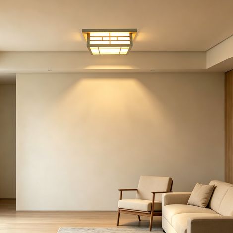 【Maison connectée】Plafonnier LED Carré en Bois Style Japonais Lampes Lumière Chaude Tatami Éclairage de Plafond, pour Chambre, Couloir, Entrée, Salon, Café (35  35cm) [Classe énergétique E] (1/5)