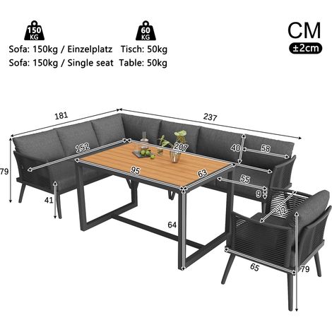 ELVMI Gartenlounge Set mit 2 Sofas, 2 Sesseln und 1 Couchtisch, Kissen, Eisen und WPC, Grau (1/4)