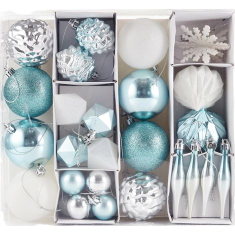 Assortiment de 29 Boules de Noël - Décoration de Noël - Turquoise argenté Blanc à Suspendre - en Plastique - Turquoise, Blanc, argenté (1/5)
