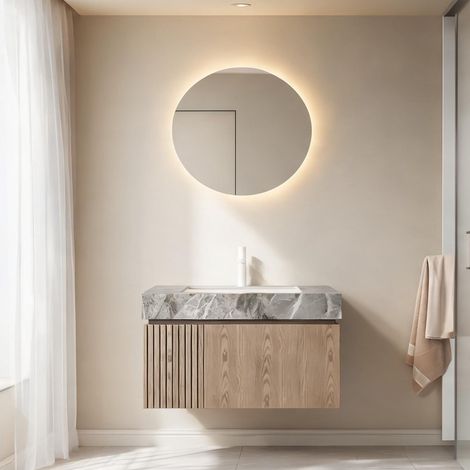 Meuble sous vasque suspendu gris clair plan Sinterstein 76 cm (1/5)