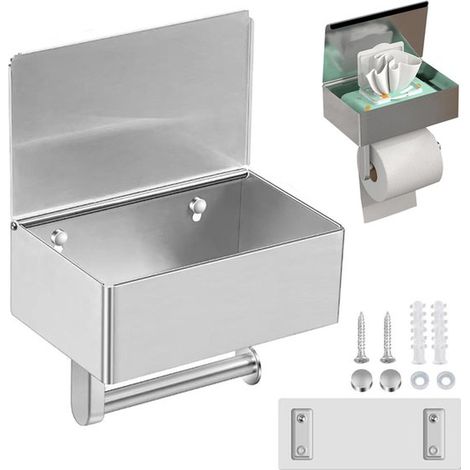 Porte-papier toilette mural autocollant - Fixation sans perçage - Comprend une étagère et un distributeur de lingettes - Argenté - Convient aux salles de bain et aux cuisines - Blanc brillant (1/5)
