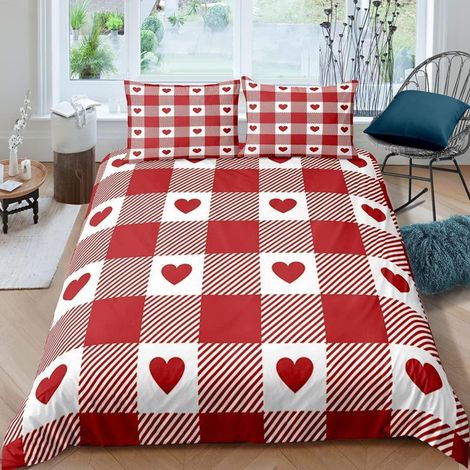 Bettwäsche-Set 200x200 cm 3-teilig Mikrofaser Rot Kariert mit Herzen