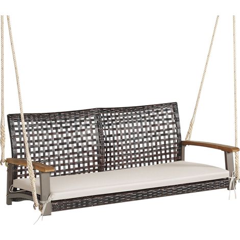 Balancelle suspendue 2 places écrue en résine tressée avec cadre acier et coussin zippé pour jardin, terrasse et porche (1/5)