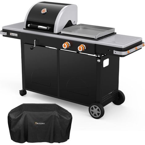 Brasero – Barbecue à gaz Bi-Energy L – 2 brûleurs 3,6 kW – Plaque inox 49 x 42 cm – Grille 48 x 42 cm – Housse de protection incluse – Pour 12 convives