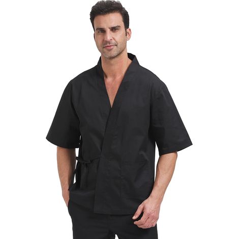 Chef Coat Chef Jacket Work Clothes Cooking Overalls Japanese Kitchen Short Sleeve CFM0074 Veste de chef japonaise, Cordon à nouer à la taille, Kimono de chef, Avec poches, Polyster Coton (1/5)