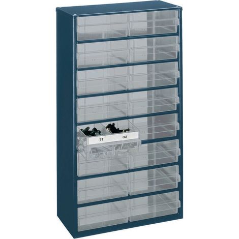 Magasin de petites pièces B.306xT.150xH.552mm en tôle d'acier bleu foncé/transparente/tiroir en PP