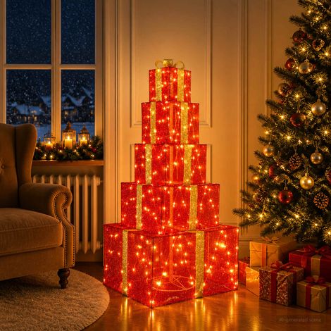 vidaXL Boîtes cadeaux de Noël empilables avec LED 250 LED Blanc chaud (1/5)
