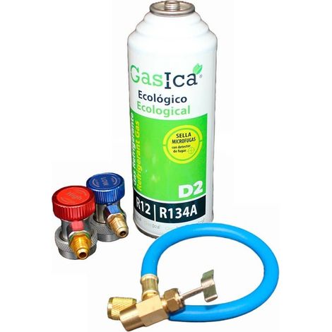 Pack gas ecológico GASICA D2 sustituto R12 y R134A 226gr más manguera con llave y conectores rápidos (1/5)