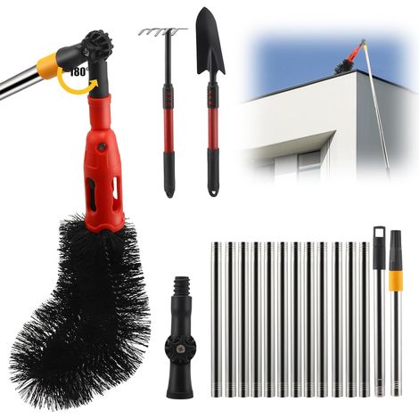 Perche Nettoyage Toiture Nettoyeur Gouttière 400cm  Brosse Télescopique, 13 Sections Acier, Angle 180°, Feuilles Neige, Rouge (1/5)