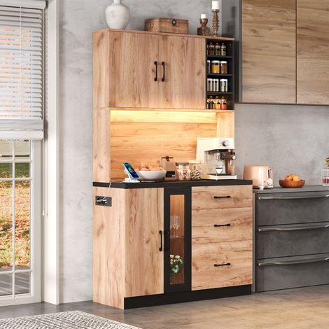 Buffet haut de cuisine en MDF décor bois et noir 105x40x180 cm, LED réglable, prise EU, étagères ajustables