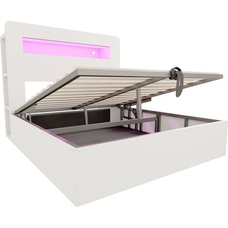 Cama 140 x 200 cm con almacenaje hidráulico, LED y enchufes, blanco (1/5)