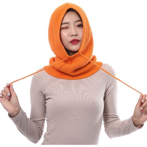 Cagoule d'hiver, masque tricoté, cagoule de ski, bonnet unisexe, capuche tricotée, écharpe, protection auditive, protection pour le cou, rembourrée pour rester au chaud, orange, 50 x 30 cm (1/5)