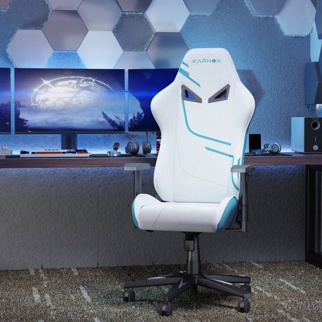 Chaise de jeu ergonomique en tissu pour adultes, chaise de bureau style racing avec dossier haut, hauteur réglable pour adolescents, avec appui-tête et soutien lombaire pour femmes, blanc et bleu. (1/5)