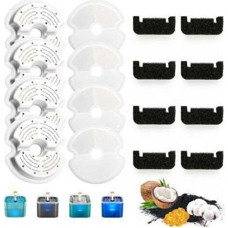 Set mit 8 Katzenbrunnenfiltern, 8 Brunnenfiltern mit Harz und Aktivkohle + 8 Schwämmen, Vierfach-Filtration Ersatzfilter für Wasserbrunnen (1/5)