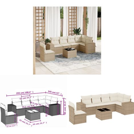 7-tlg. Garten-Sofagarnitur mit Kissen Beige Poly Rattan - Gartenmöbel Set - PE-Rattan Möbel - Outdoor Lounge - Esstisch - Sofasatz - Home & Living