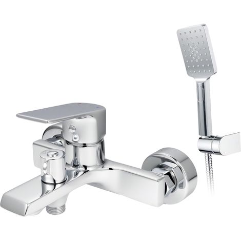 Robinet de baignoire avec douchette 3 en 1 (carré), mitigeur à économie d'eau en laiton, pour baignoire, avec tuyau de douche et support, chromé (1/5)