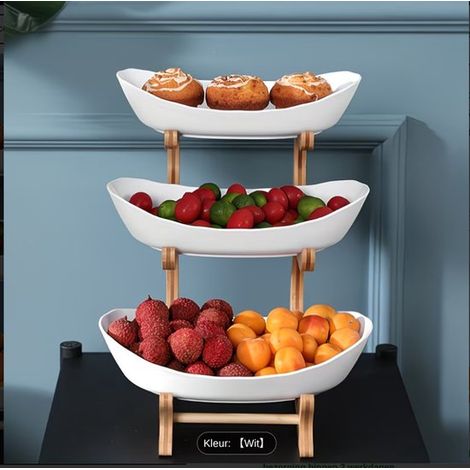 Cesta ovalada de 3 niveles de policarbonato (PC) para frutas y verduras con soporte resistente de aspecto de madera natural, verduras y helados (1/5)